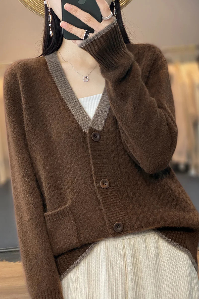 Spring womens sweater fashionable casual jacket cardigan long sleeved Vneck 100% wool knitted top plus size 240912