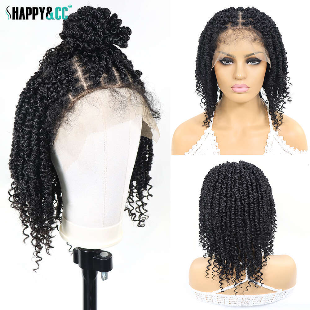 Short Passion Twist Curly Ends Square Part Bob Synthetic Braided Lace Front Wigs For Women 12Inch Braid Wig