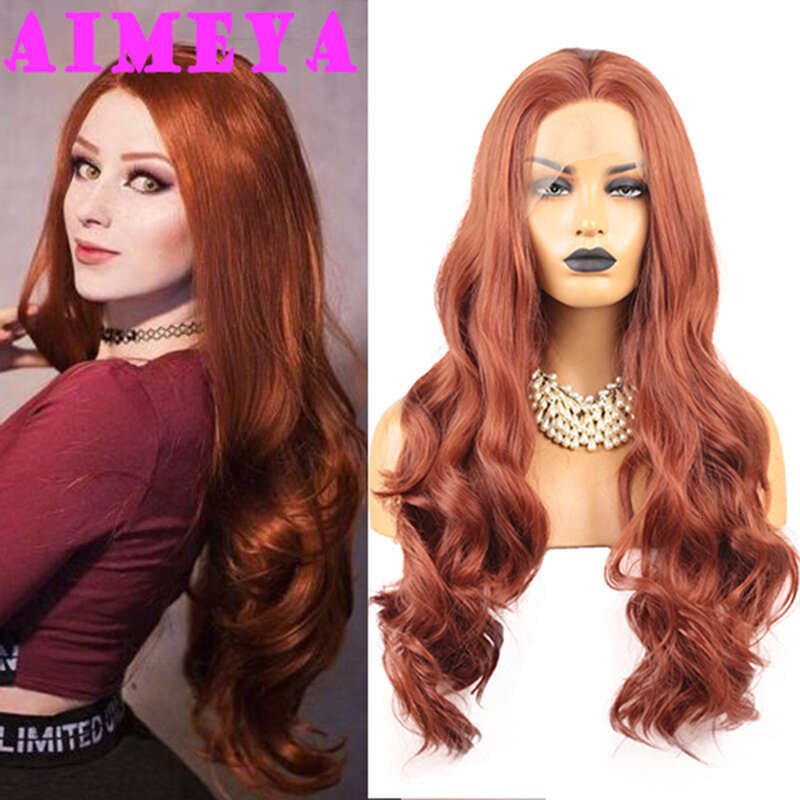 AIMEYA Copper Red Long Body Wave Front Synthetic Lace Wig For Women Heat Resistant Hair Cosplay Daily Use