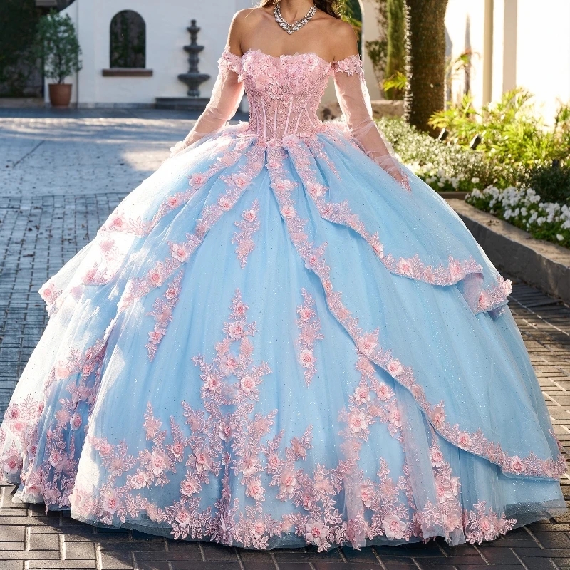 Sky Blue Shiny Princess Ball Gown Quinceanera Dresses Appliques Lace Beads Bow Tull Birthday Party Sweet 16 Dress Vestidos 15 De Anos