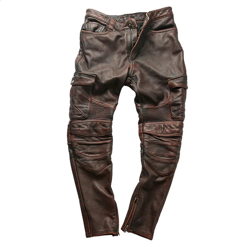 Spring and autumn factory mens plus size leather genuine denim motorcycle mens multi pocket retro Trouser 240913