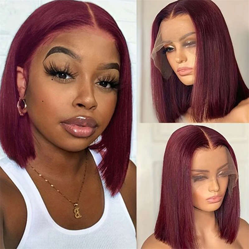 Wine Red Short Straight Bob Cosplay Use Blunt Cut Wigs With Bangs Synthetic Wig Hine Made Hair For Women Heat Resistant