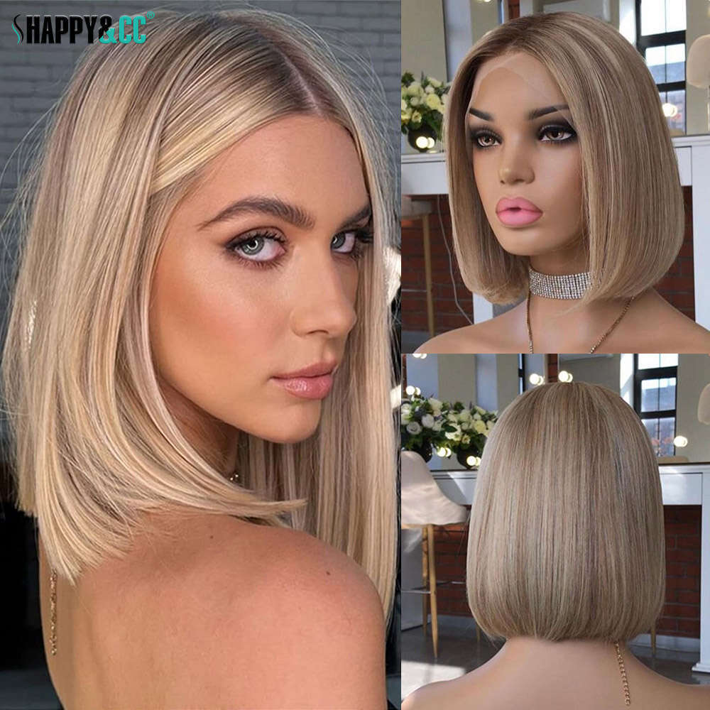 Ash Short Bob Synthetic Lace Front Wigs Highlight Straight Colored Heat Resistant Dark Roots Blonde Wig For Women
