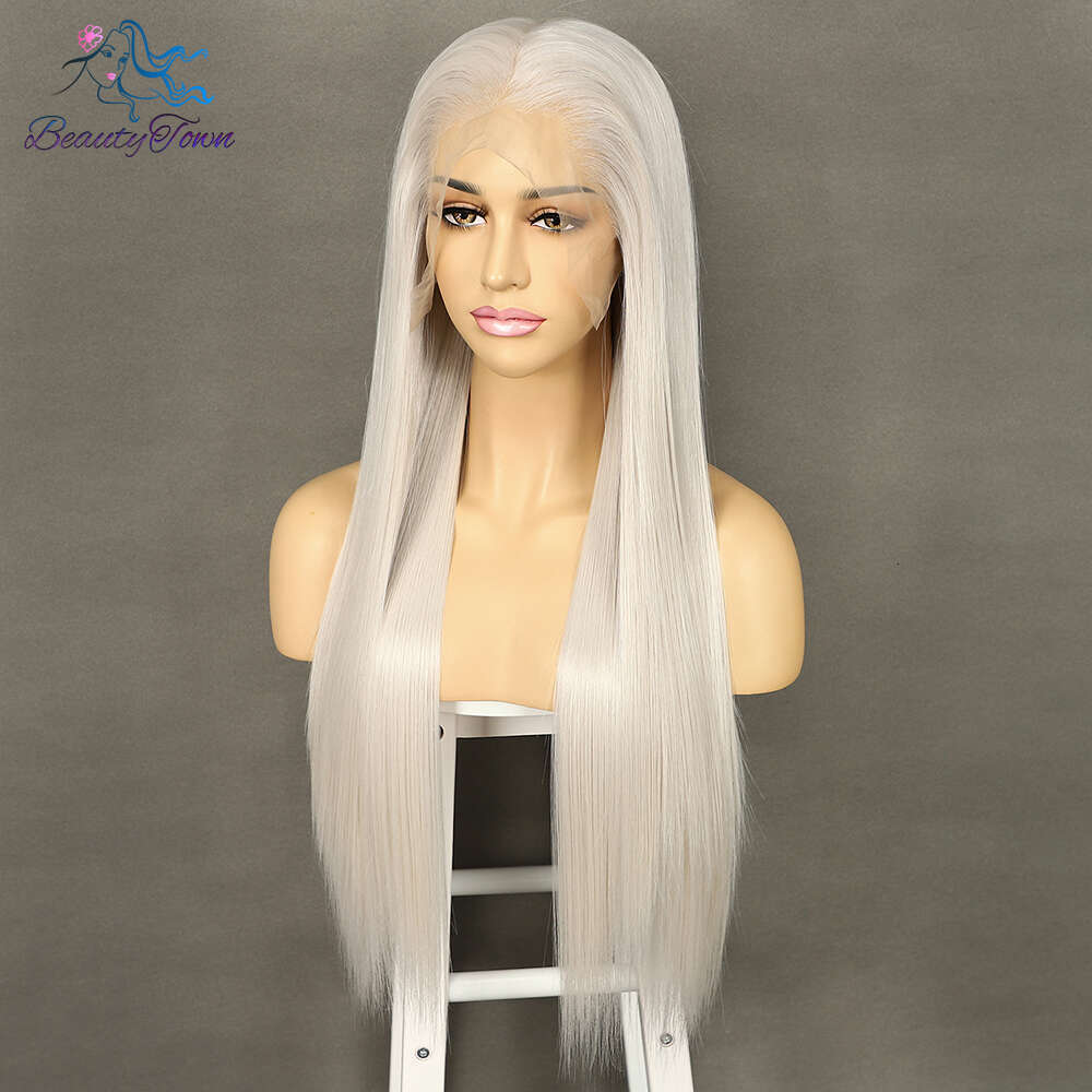 13X6 Synthetic Front 32Inch Grey Blonde Straight For Women HD Transparent Lace Cosplay Wig Heat Resistant Fiber