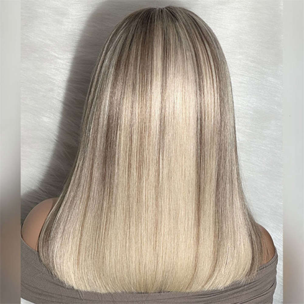 Highlight Blonde Synthetic 12 Inch Ombre Short Lace Front Bob Wigs Straight Dark Roots Glueless Wig For Women Daily Party