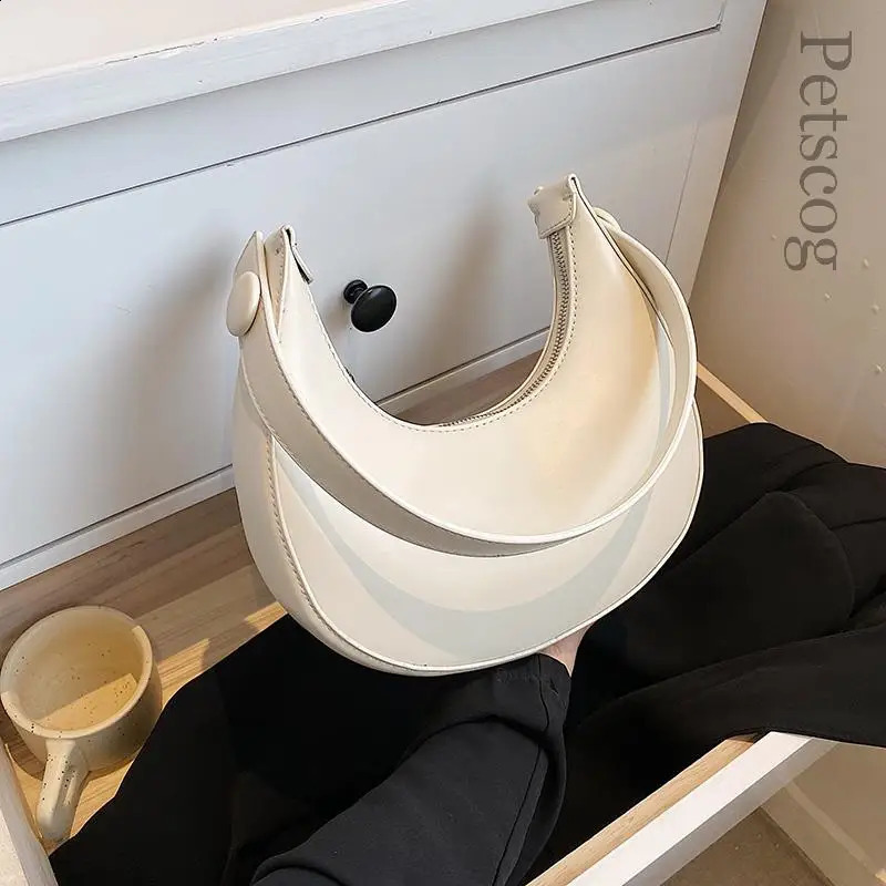 Fashion White Shoulder Bags For Women Pu Leather Solid Color Half Moon Crossbody Bag er Lady Handbags Ladies Underarm Bags 240913