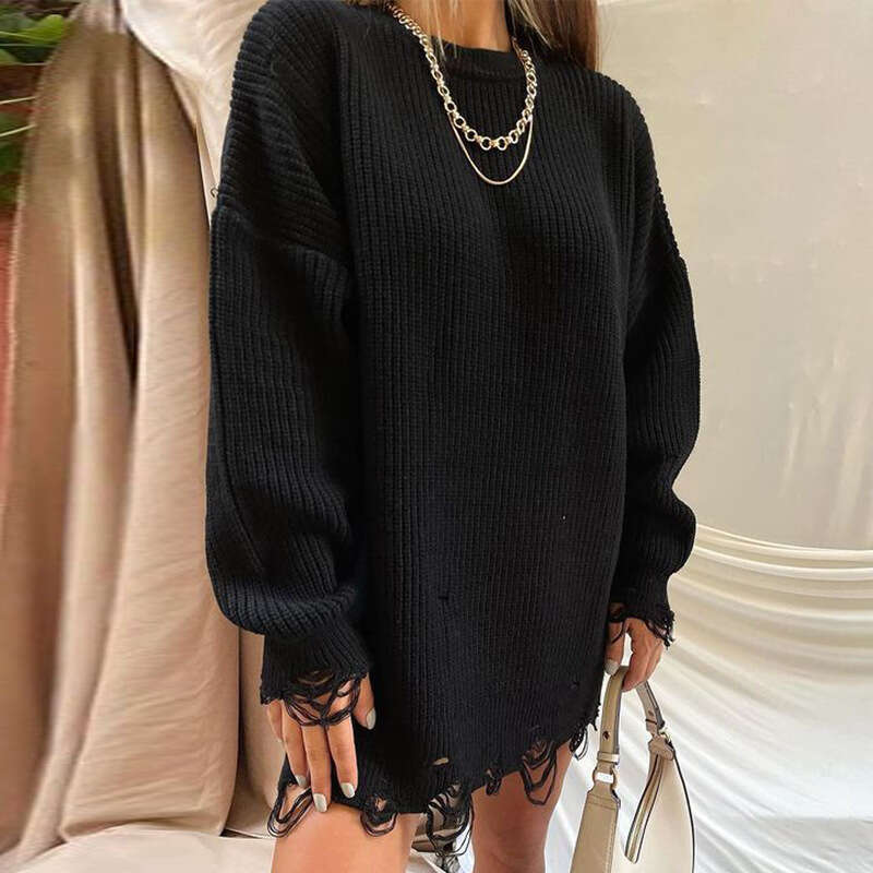 Loose solid color perforated sweater mid to length autumn/winter 2024 spring/autumn round neck pullover long sleeved knit