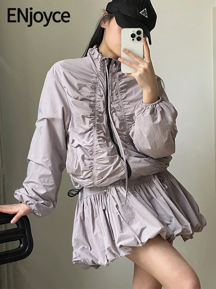 ENjoyce 2024 Spring Women Stand up Neck Pleated Jacket Korean Fashion Zipper Breathable Cropped Coat Y2K Streetwear 240911