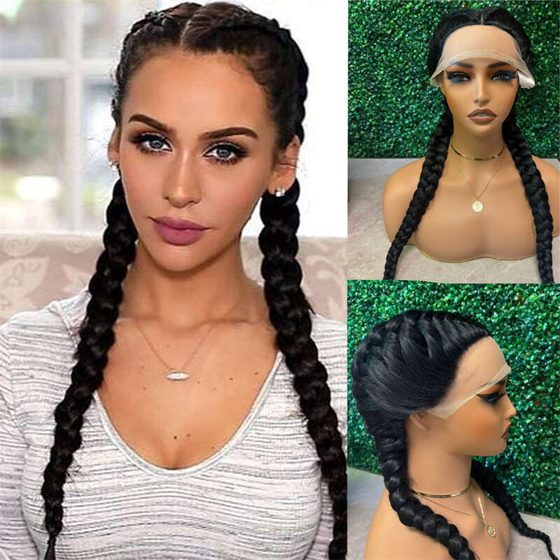 Double Braids For Women Girls Natural Black Synthetic Long Frontal Wig All Lace Cap Wigs Heat Resistant