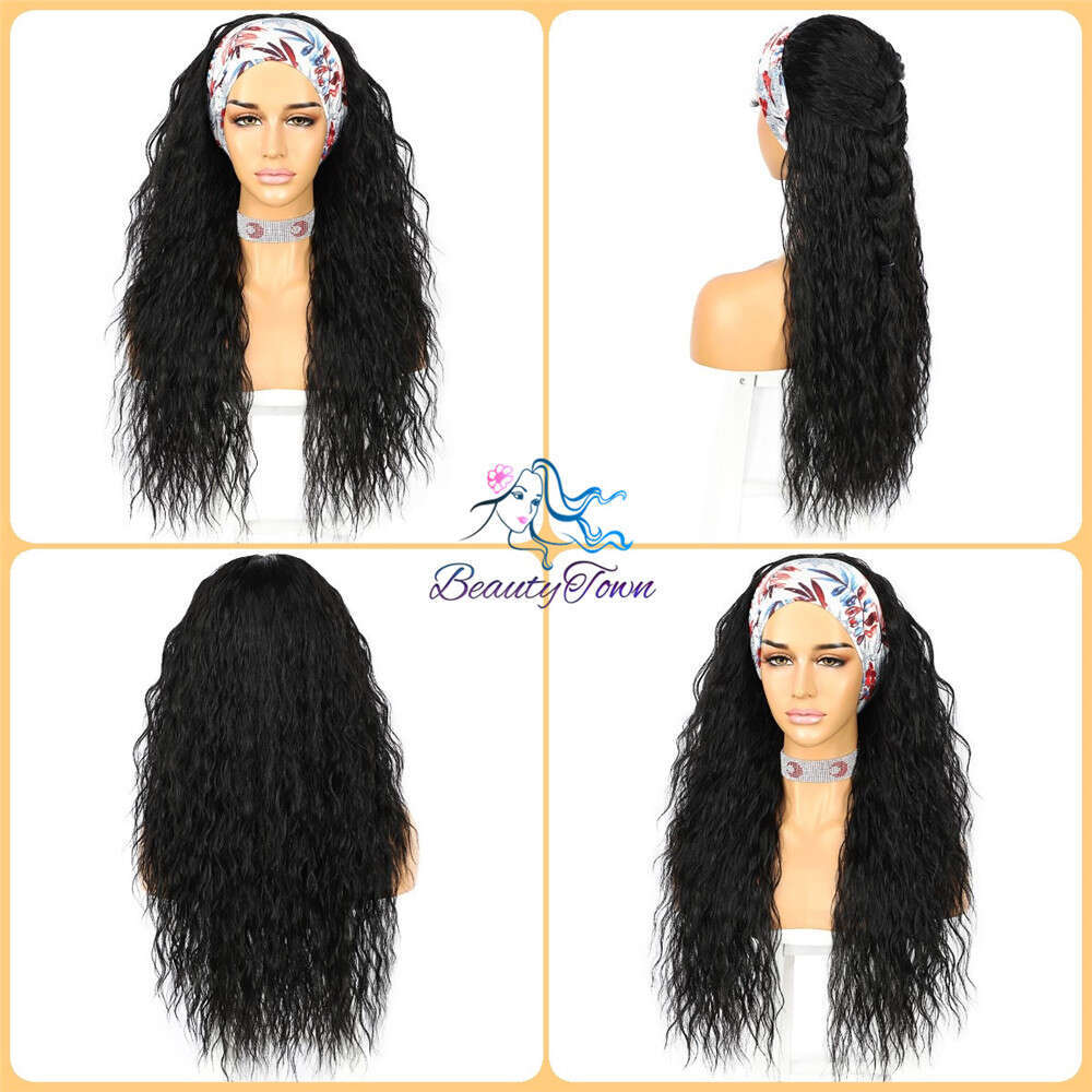 Kinky Curly Headband For Women Daily Black Scarf Wig 26Inches Long Party Travel Holiday Glueless Synthetic Wigs 2 Free Bands
