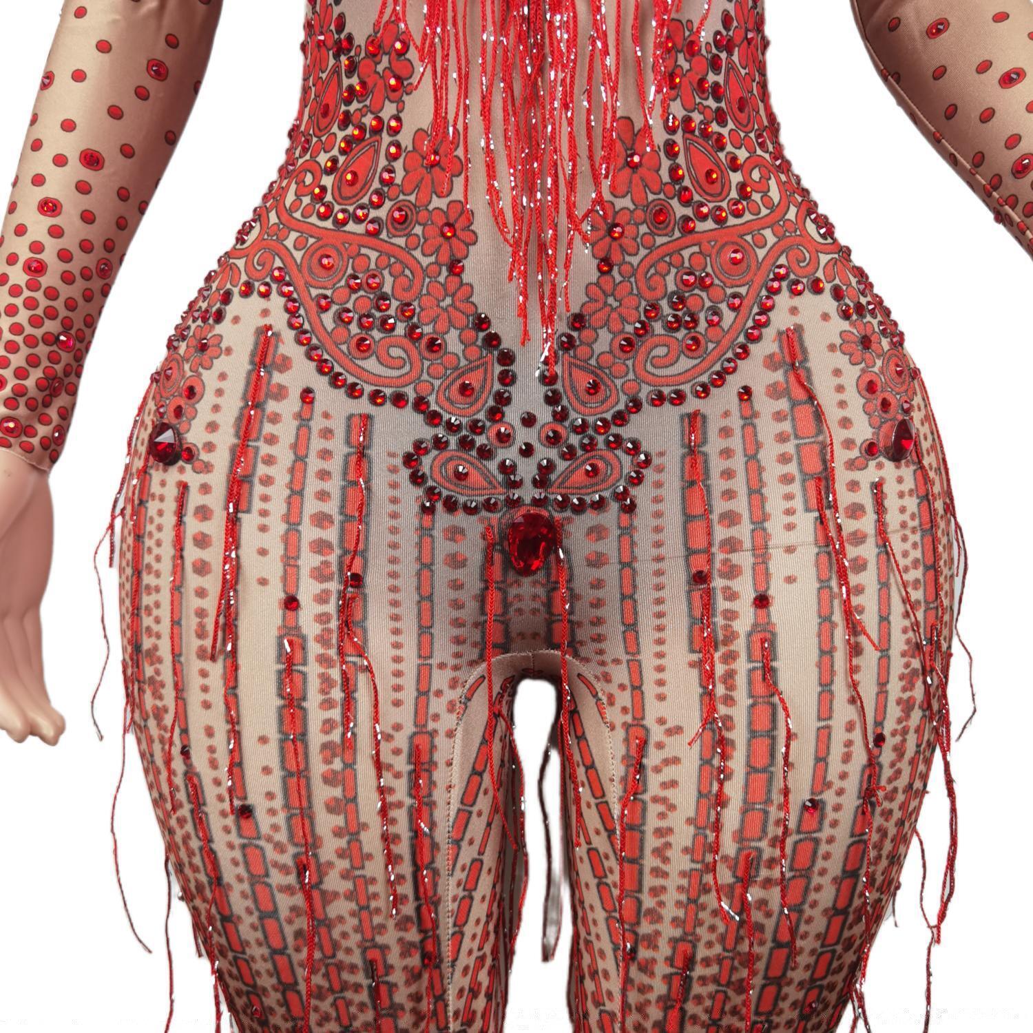 Sexy Red Spandex Bodysuit Rhinest Size Long Sleeve Jumpsuits Tassels Performance Costumes Party Evening Bodycon Romper