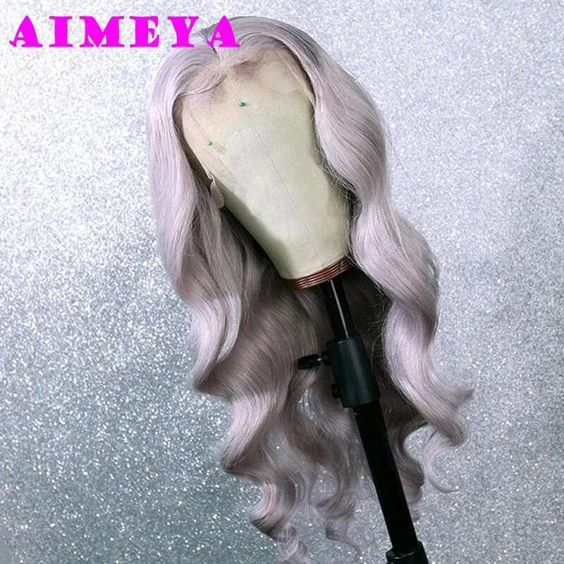 AIMEYA Sier Grey Long Body Wave Synthetic Lace Front Natural Haire Light Gray Heat Resistant Daily Wear Wig Cosplay