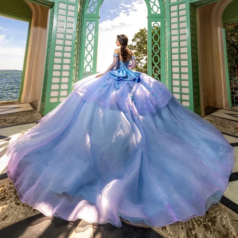 Lilac Sky Blue Princess Ball Gown Quinceanera Dresses Off The Shoulder Applique Lace Beads Tull Corset Sweet 16 Dress Vestido De 15 Anos