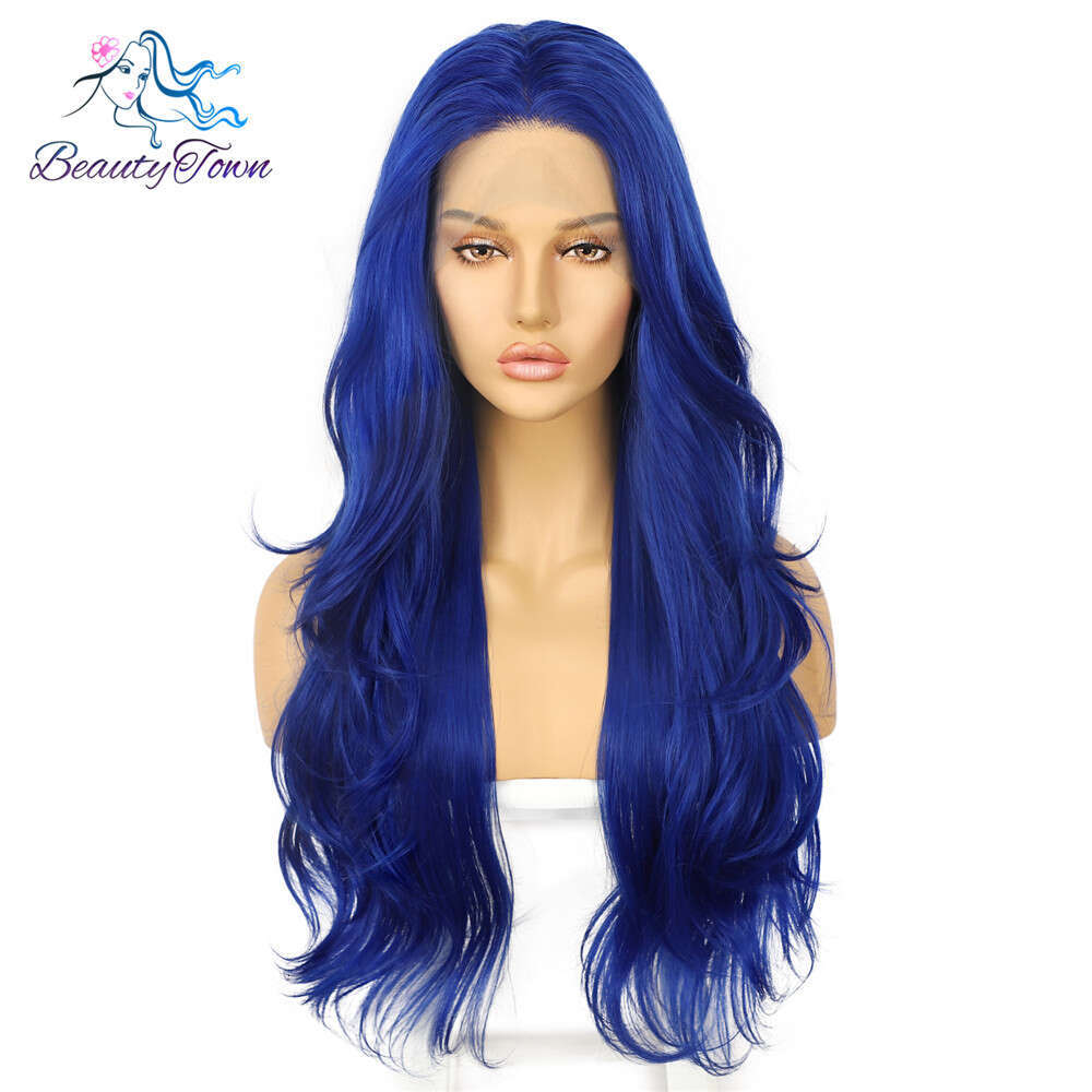 Beautytown Lace Front Dia Blue For Young Women Daily Makeup Wear Costume 26Inch Heat Resistant Fiber Synthetiic Hair Wig