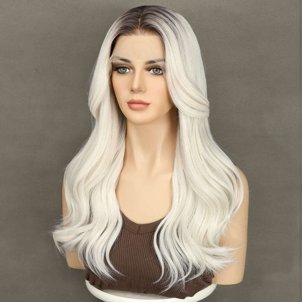 2024 13X4 Front Ash White Dark Roots Transparent Lace Daily Wear Heat Safe Premium Synthetic Wig
