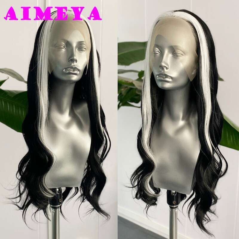 AIMEYA Black White Highlights Lace Front Synthetic Wig Long Natural Wave Heat Resistant Daily Use Cosplay Wigs Free Part