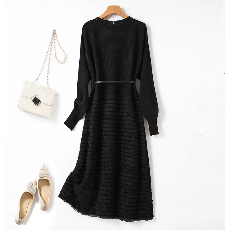 Womens solid bag knitted loose soft dress for spring warm fashionable elegant simple full width knee length 240913