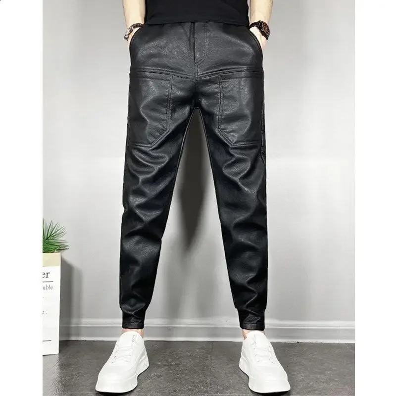 Autumn/Winter Elastic Warmslims Weight Loss Pu Leather Pants Mens Casual Scene Multi Pocket Harem Pants 240913