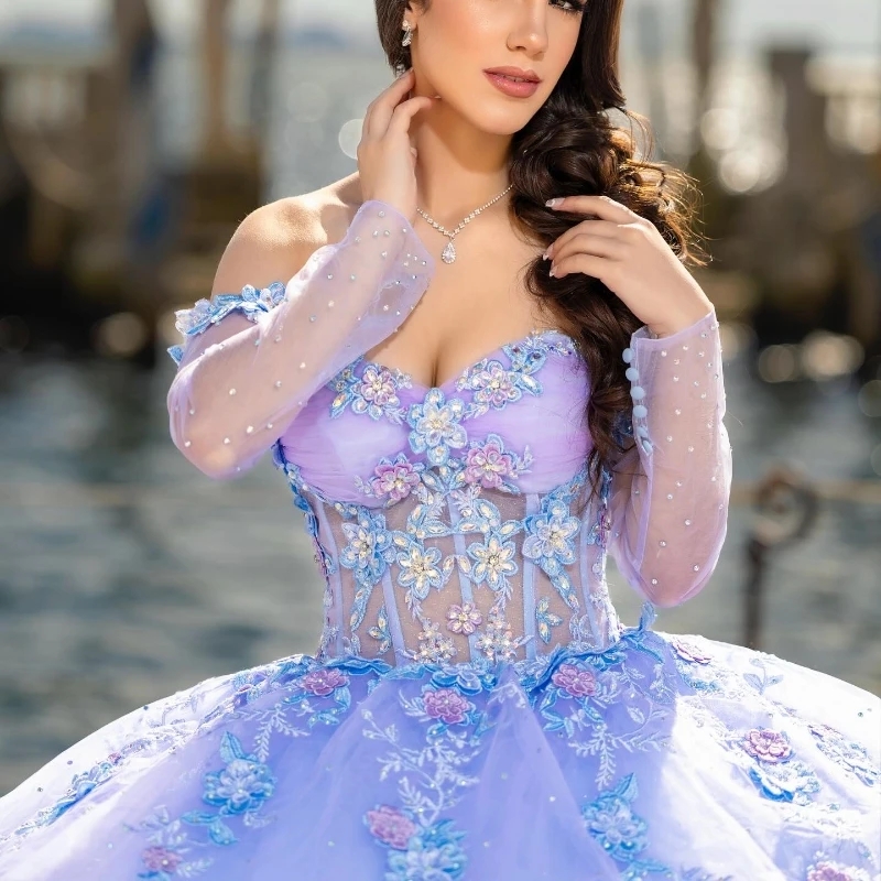 Lilac Sky Blue Princess Ball Gown Quinceanera Dresses Off The Shoulder Applique Lace Beads Tull Corset Sweet 16 Dress Vestido De 15 Anos