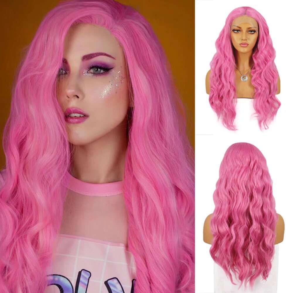 AIMEYA Pink Long Body Wave Lace Front Wigs Heat Resistant Synthetic Hair Daily Use Cosplay Wig