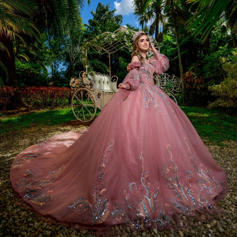 Pink Sparkly Quinceanera Dresses Off The Shoulder Princess Puff Sleeve Sequins Applique Lace Beads Tull Sweet 16 Dress Vestidos 15 De Anos