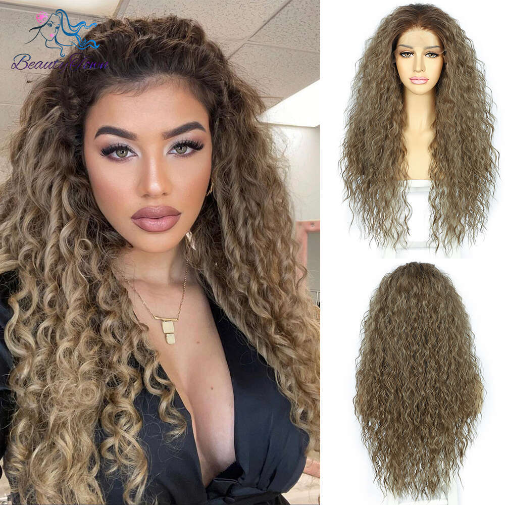 Dark Brown Synthetic Kinky Curly Lace Front Daily Party Cosplay Wigs For Women Grey Afro Wig Pelucas Para Mujeres Heat Res