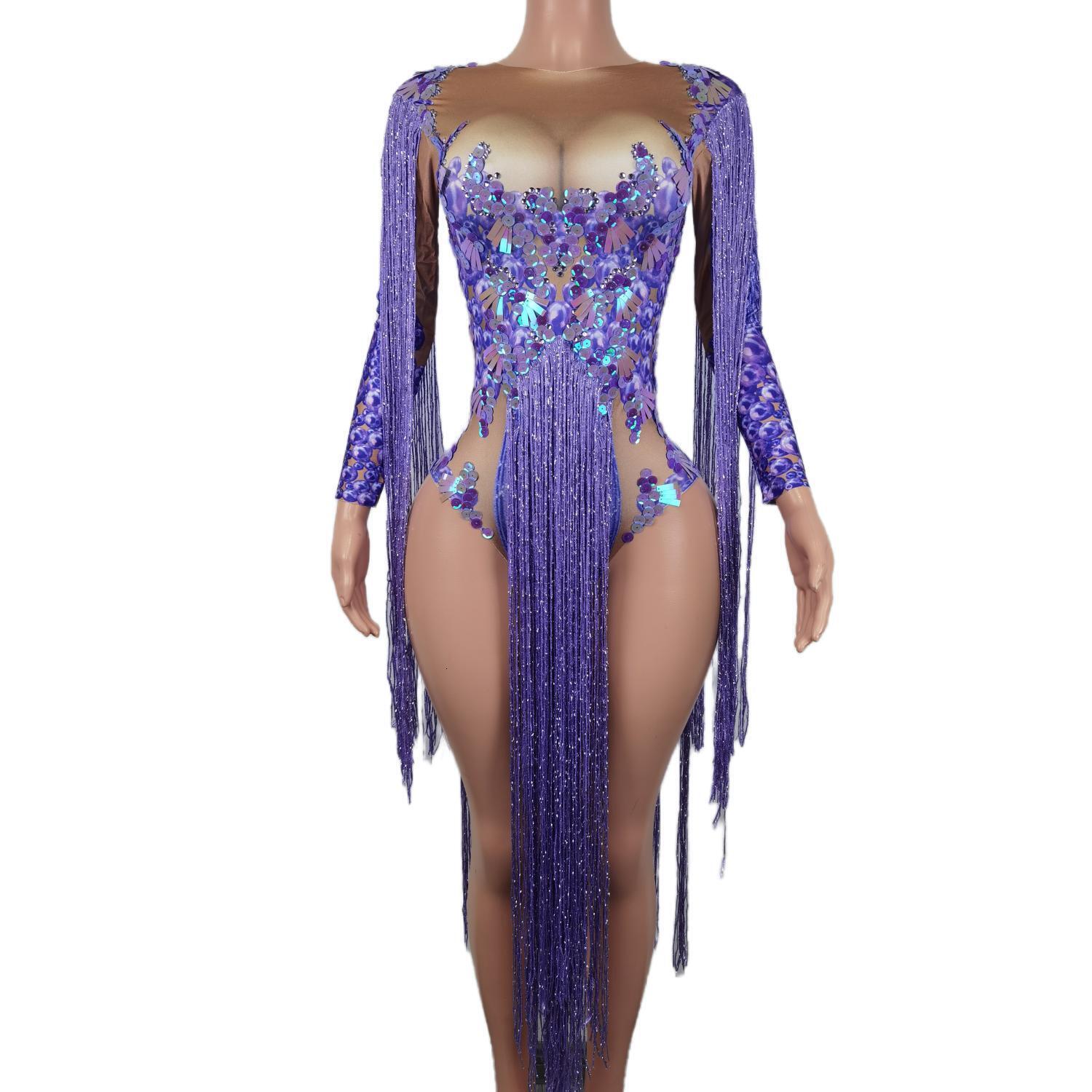 Queen's Style Purple Glitter Jumpsuits Sparkle Tassel Bodycon Rompers Ladies Party Nightclub Show Short Shiny Fringes Bodysuits