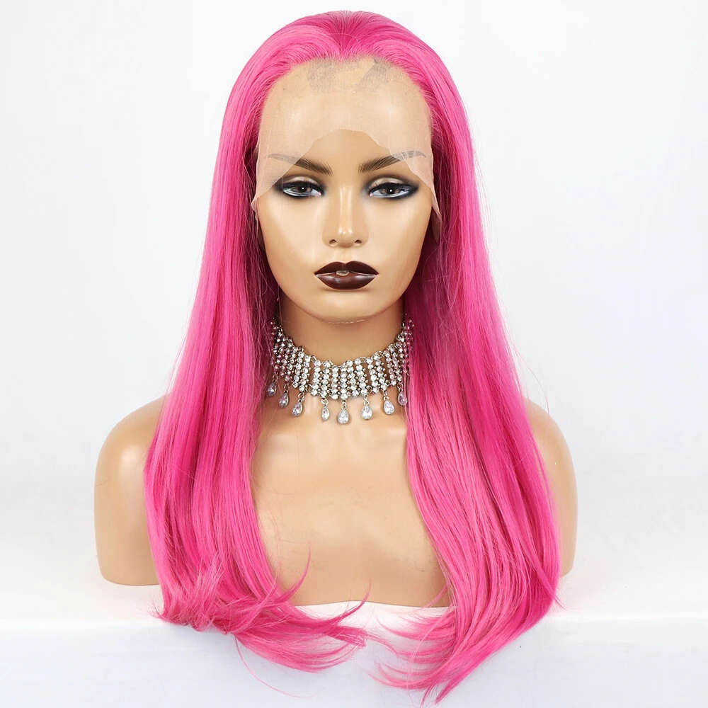 Hot Pink Lolita Cosplay Synthetic Front Natural Straight Hair Glueless Pre Plucked Color Lace Frontal Wigs For Women
