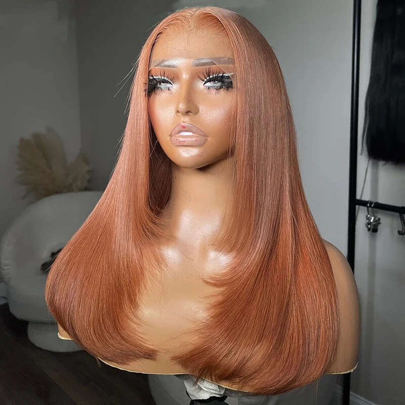 Ginger Brown Long Wavy Synthetic Front Wig Layered Glueless Frontal Orange Auburn Hair Lace Natural Wigs For Women