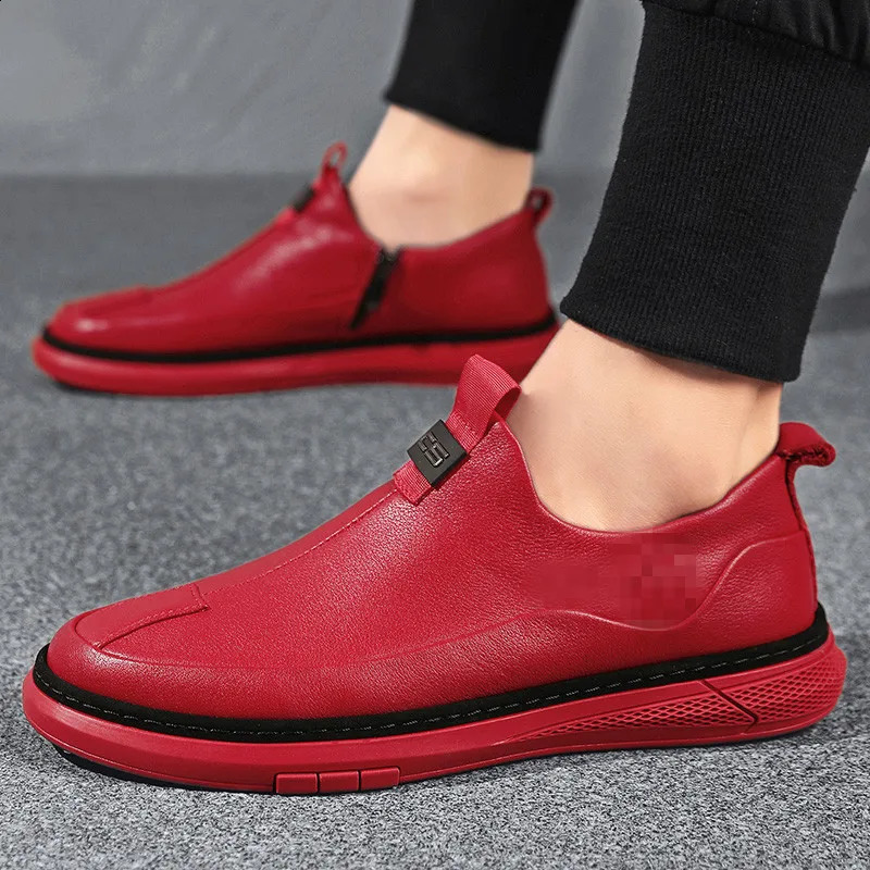 Mens Spring/Summer Casual Shoes Fashionable British Sport Red Anti Slip Versatile Leather Board Shoes 240914