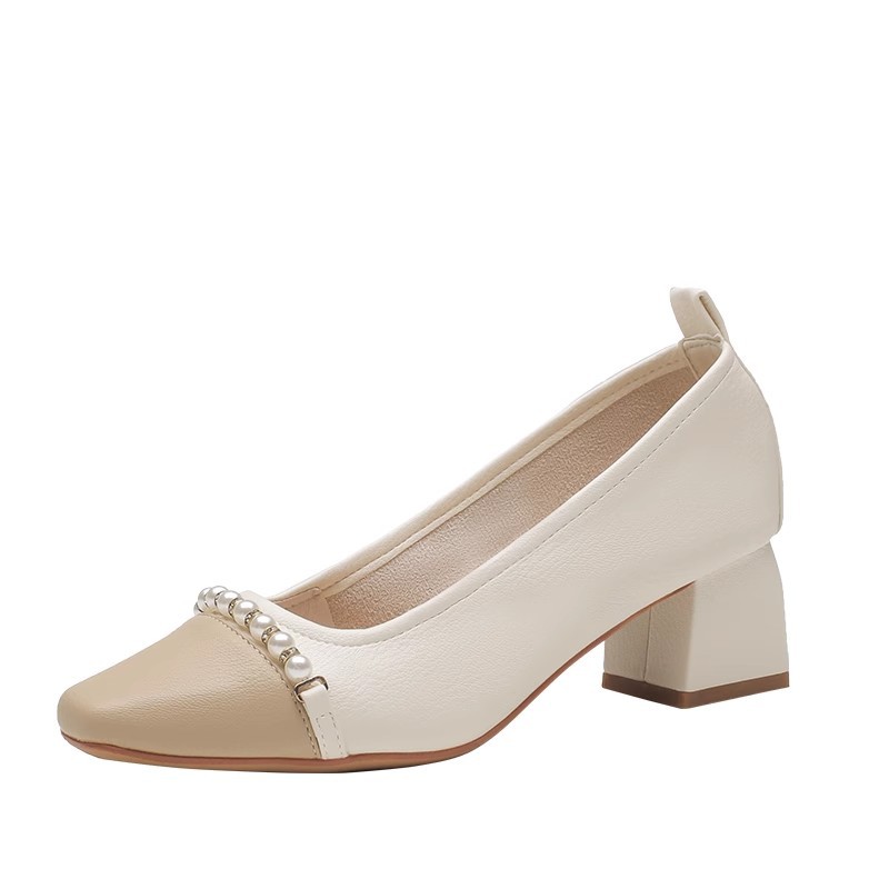 2024 New Small Fragrant French High Thick Heels Gentle Pearl Color Blocked Retro Mary Jane Single Shoes