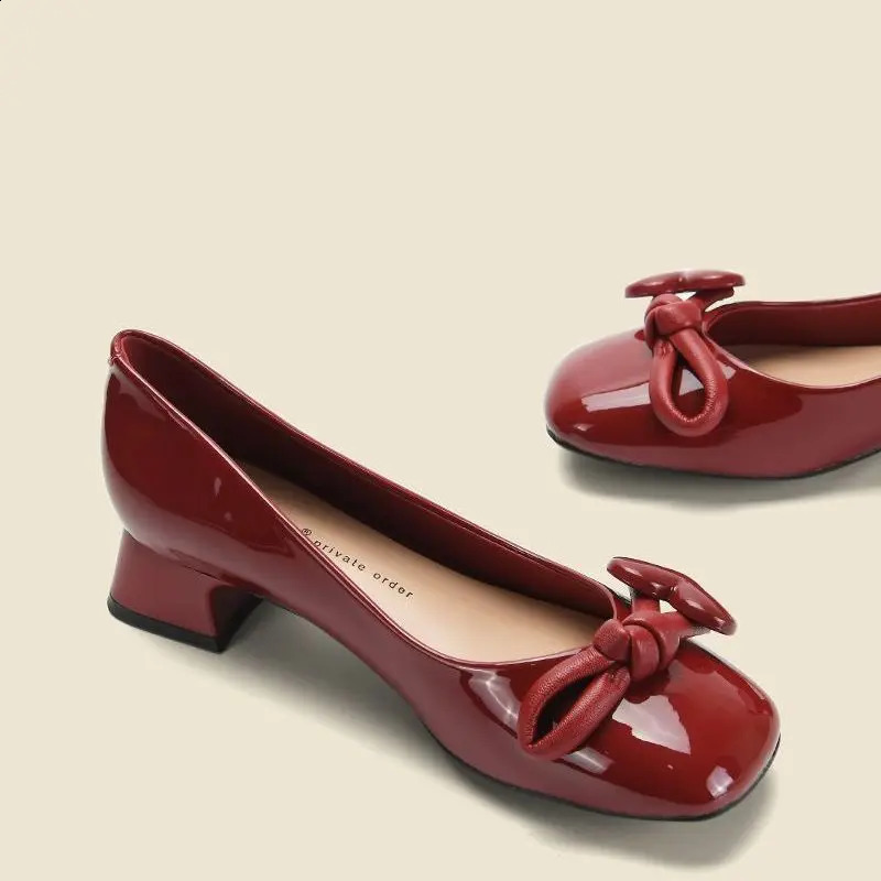 Red with Bow Kawaii Ladies Summer Footwear Square Heels Shoes for Women Medium Cute Korean Style High Quality Vacation Y2k 240904
