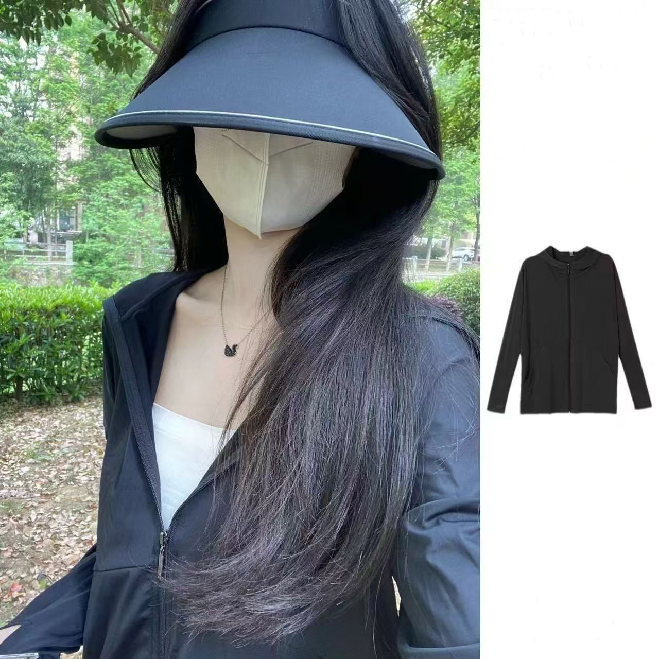Summer ice silk sun protection clothing women wear thin breathable zipper long sleeve hooded coat loose.