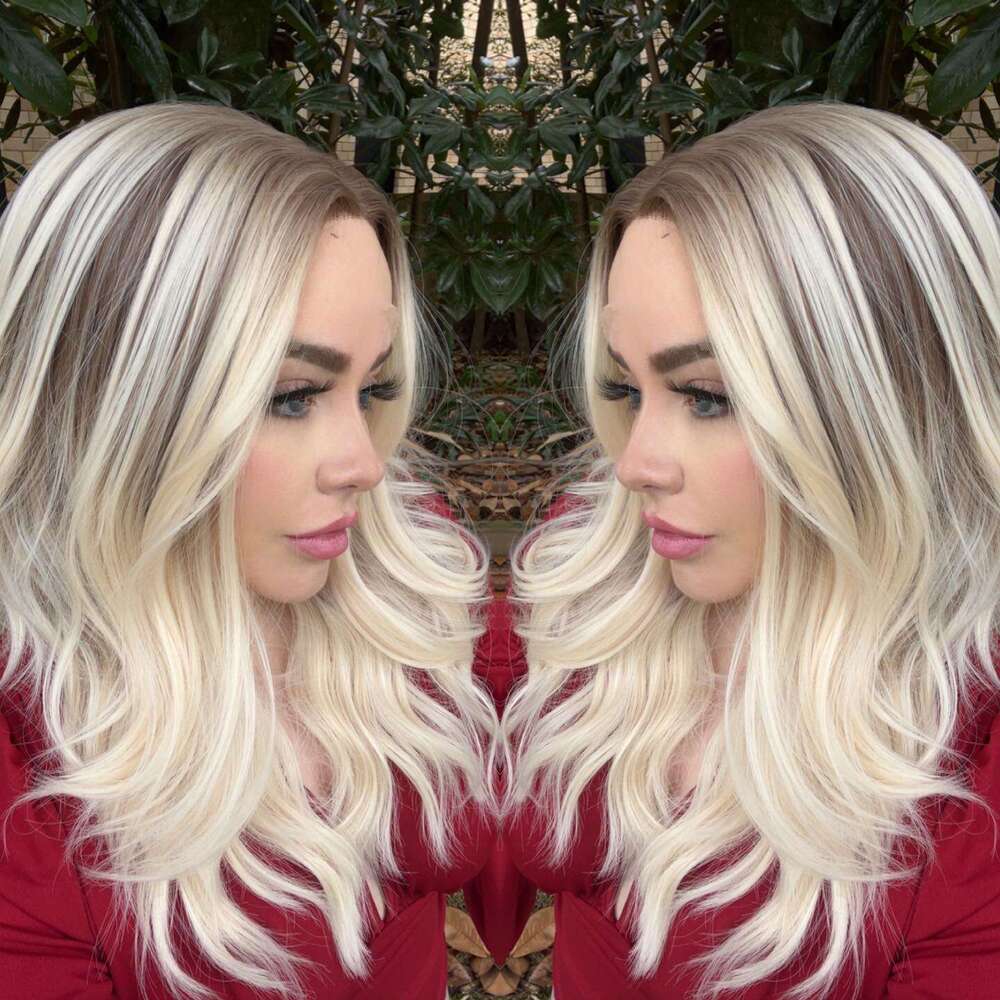 Premium Synthetic Hair Creamy Ombre Colored Wigs Ash Blonde Roots Lace Front Wig Heat Resistant Fiber Thick Wavy 150%