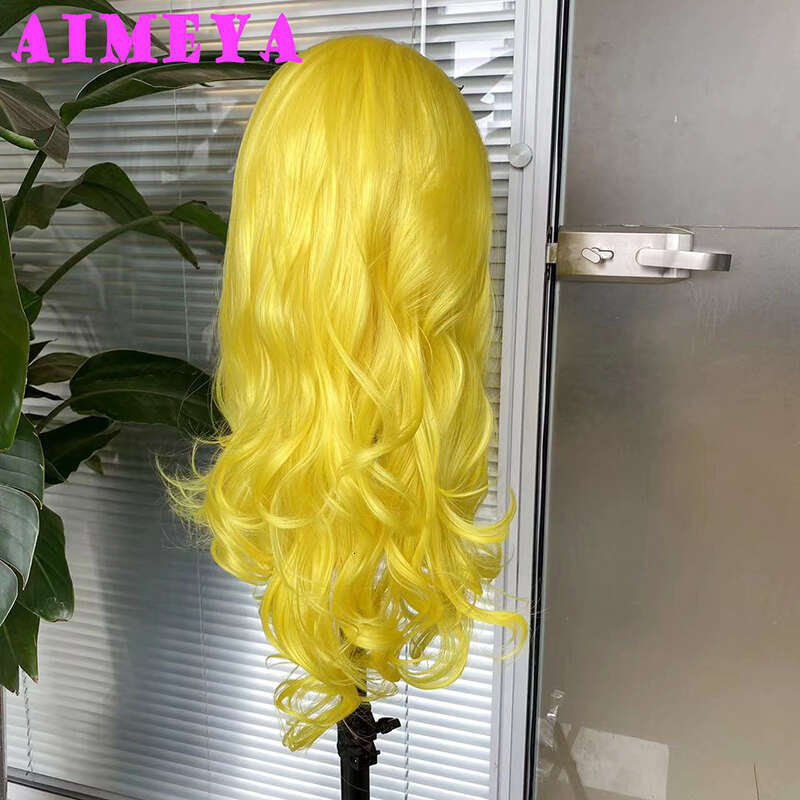 AIMEYA Yellow Wig Long Wave Synthetic Lace Front Heat Resiatant Fiber Hair Daily Use Cosplay Wigs