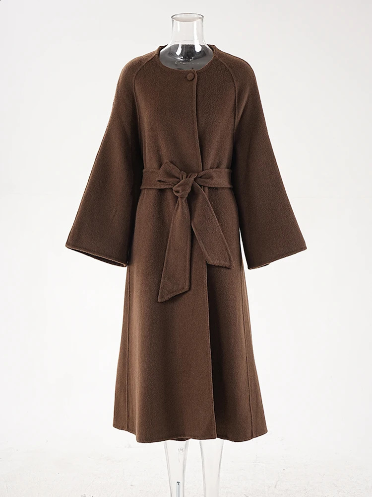 LANMREM Autumn Winter Woolen Coats Round Neck Double Sided Belt Overcoat Female Fashion Clothing CPG1808 240911
