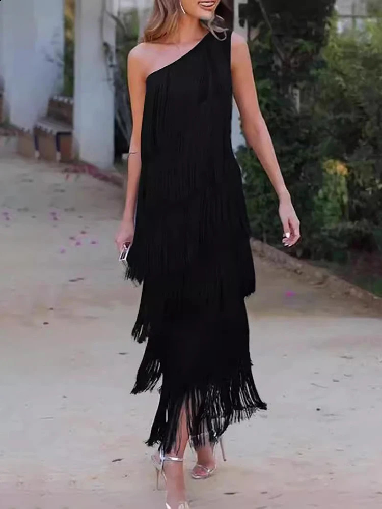 Aoaiys Womens Printed Dress with Diagonal Shoulders Unique Tassel Beach Style Sexy Asymmetric Elegant Fashion 240913