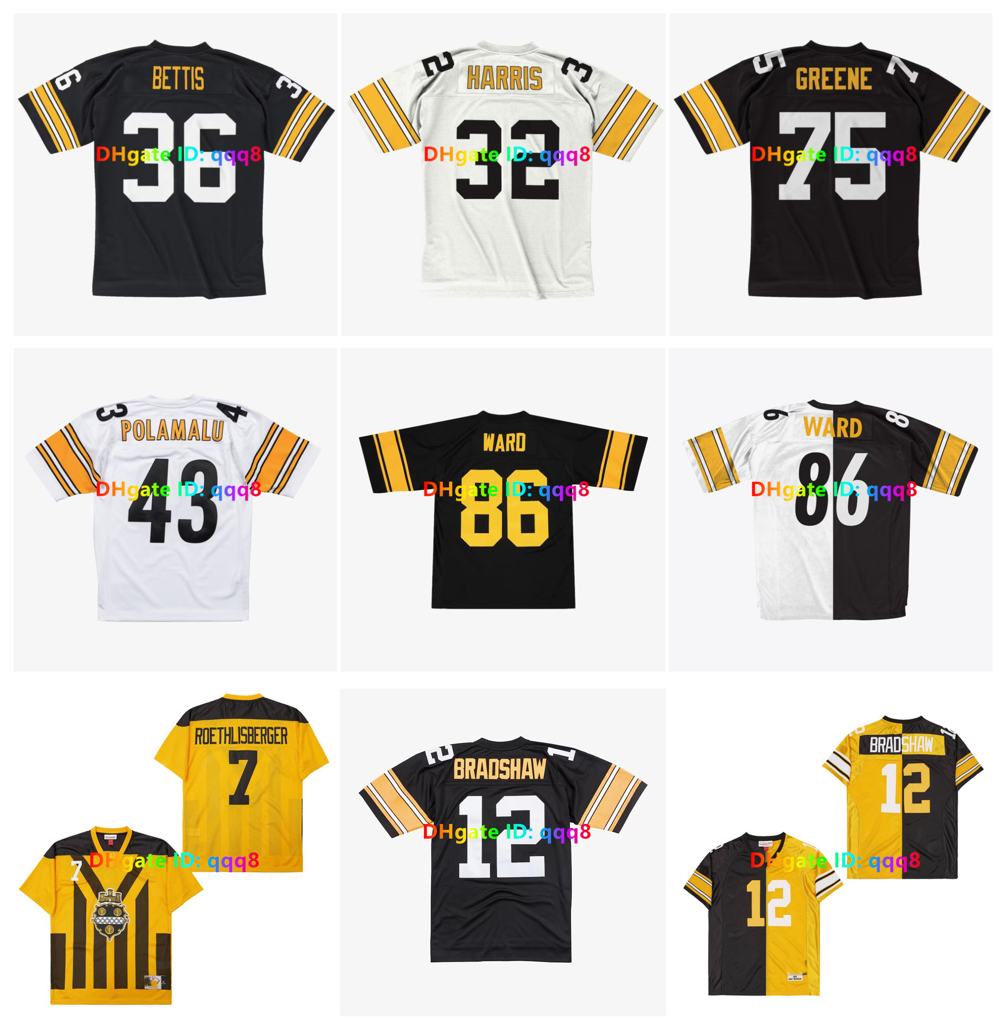 12 Bradshaw 43 Troy Polamalu 32 Harris 1976 Throwback Football Jersey 75 Joe Greene 86 Hines Ward 58 Jack Lambert 26 Rod Woodson 92 James Harrison White Black Size S-3XL