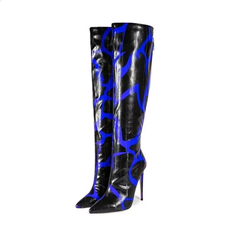 European American Style Slim Heels with Color Blocked Zippers Knee High Boots Womens Sexy Runway and Banquet Shoes 240906 4