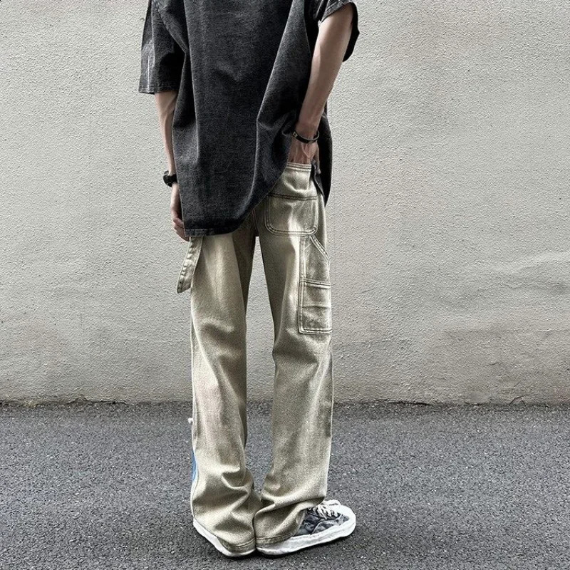 Trousers Ripped with Holes Male Cowboy Pants Wide Leg Jeans for Men Beige Hip Hop Torn Retro Tie Dye Broken Y 2k Vintage Kpop 240911
