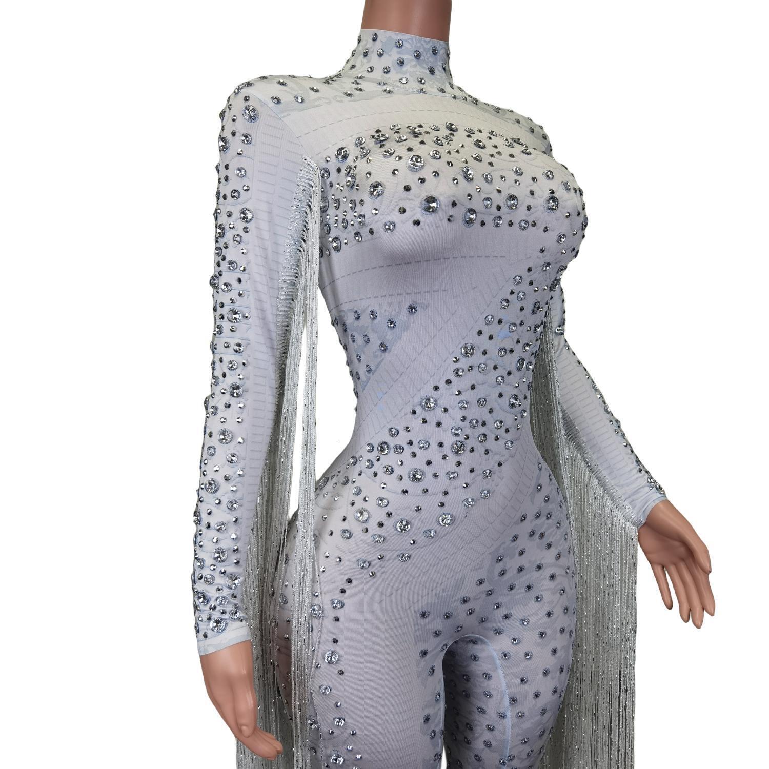 Sparkle Rhie Women White Bodysuit Long Sleeve Tassel Rompers Performance Costumes Lady One Piece Dia Sequin Jumpsuit