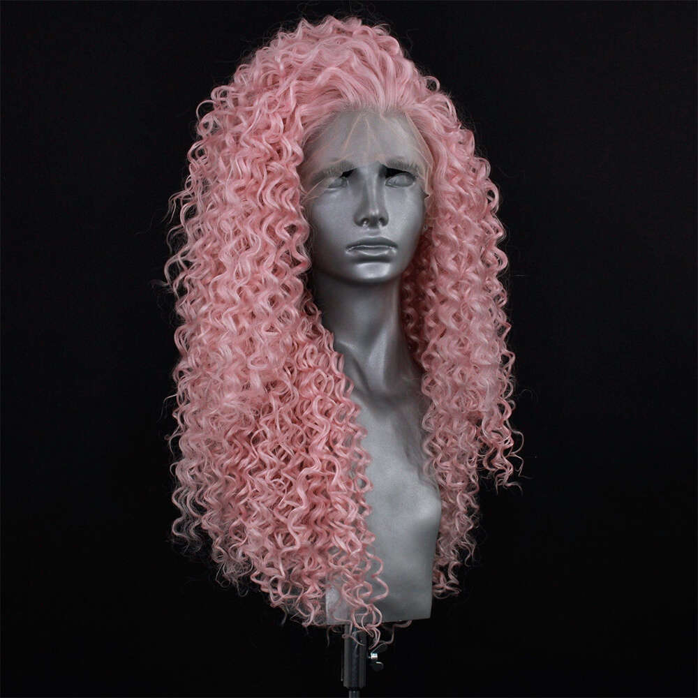 High Quality Synthetic Fibre Pastel Pink Blend Human Hair Heat Resistant Curly Texture Lace Front Wig Side Part Thick Curls