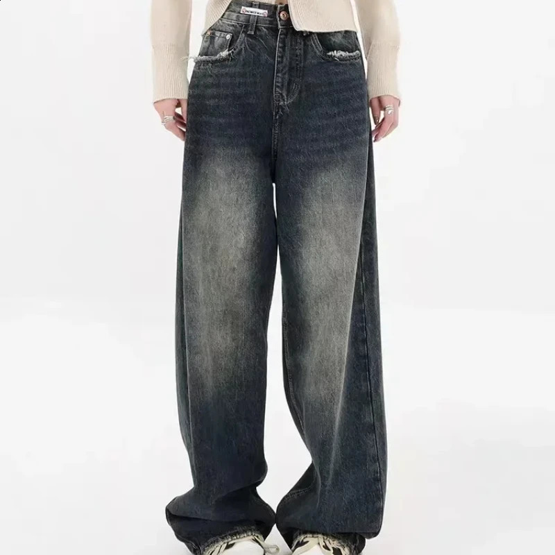 Women Streetwear Retro Fashion Autumn High Waist Pants Loose Wide Leg Denim Trousers Female HOUZHOU Harajuku Y2K Baggy Jeans 240904