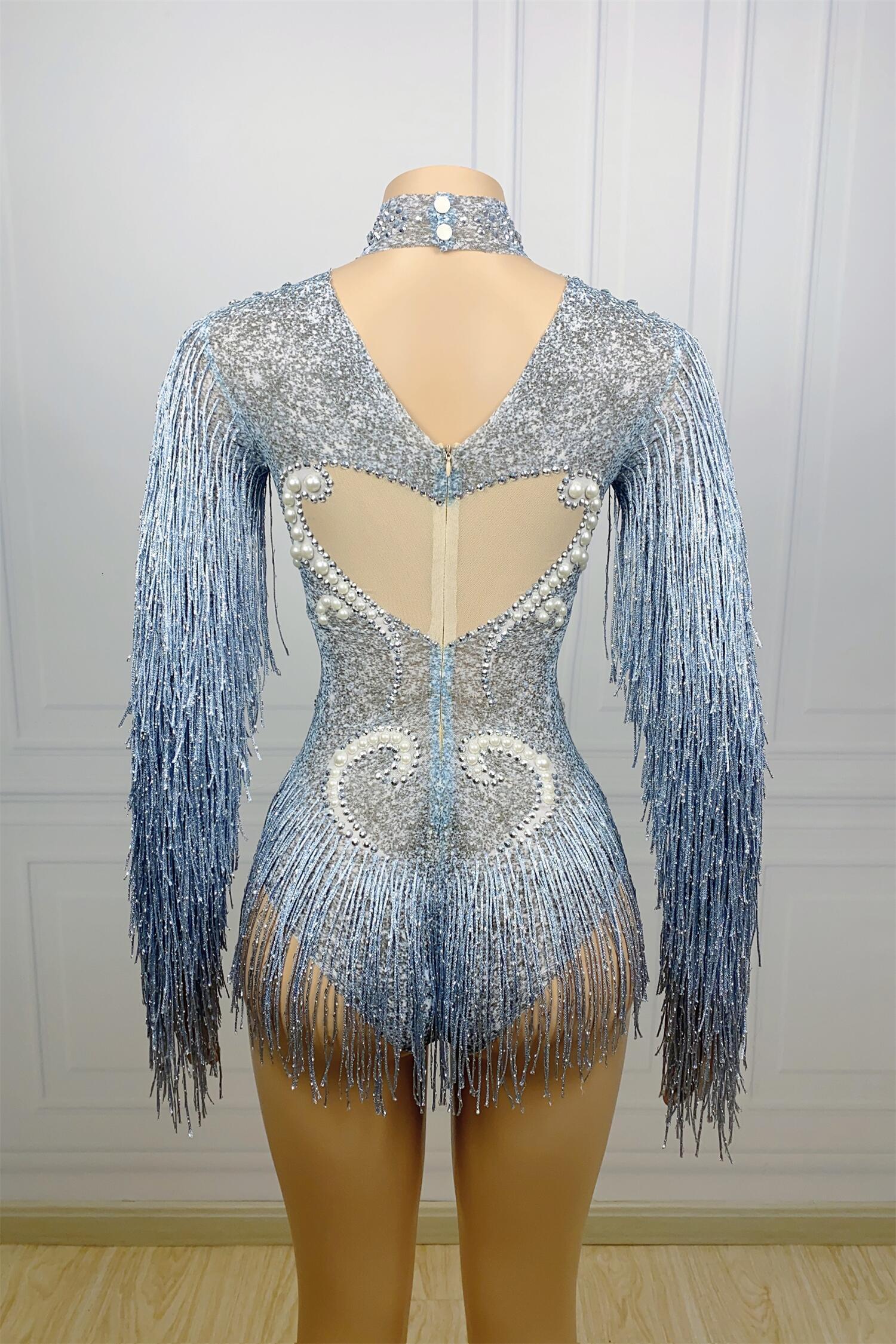 Sparkly Rhies Sexy Long Sleeves Tassel Pearls One Piece Short Jumpsuit Outfits Dancewear Women Stage Performance Bodysuit