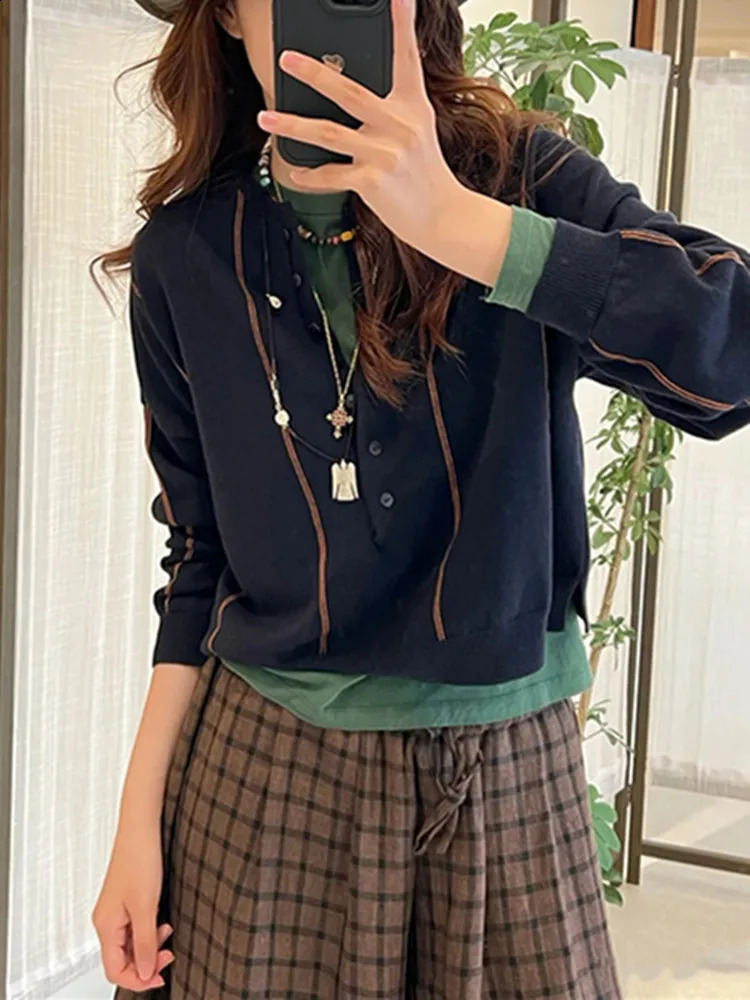 Women Wool Blend Vertical Stripes Sweater ONeck Long Sleeve Early Autumn Lady Elegant Fashion Knit Cardigan 240904