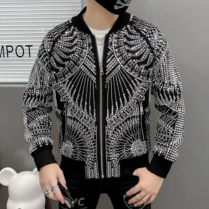 European Retro Jacket Men Jaqueta Bomber Diamond Men Jacket Coat Fashion Rhinestones Punk Club Outfit Slim Jacket 240914