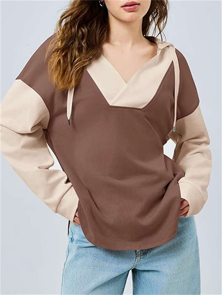 Short sleeved women's color blocked hooded casual V-neck loose sports shirt pullover top