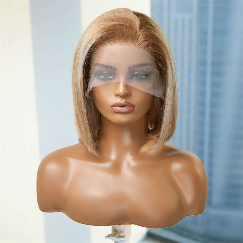13X4 New In Glueless Front Wig Bob Pre Plucked Straight HD Transparent Synthetic Hair Ombre Ash Blonde Lace Frontal Wigs