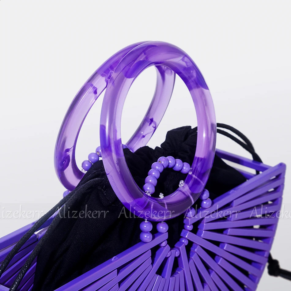 Retro semicircular bamboo beach handbag for women summer hollow circular acrylic highquality straw bag holidays 240913