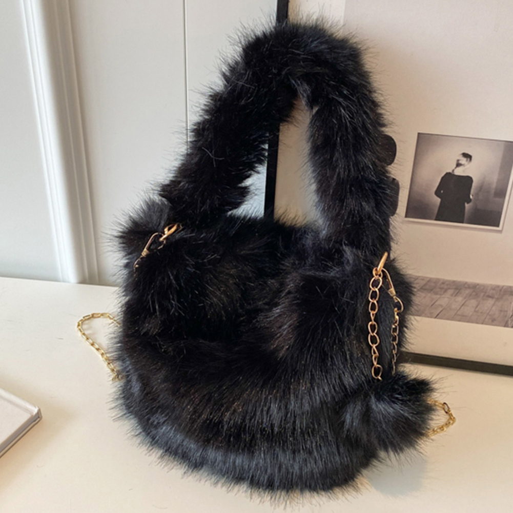 Women Fluffy Tote Bag Versatile Fuzzy Satchel Bag Fashion Chain Crossbody Bag Casual with Pom Poms Fall Winter Shopper Bag